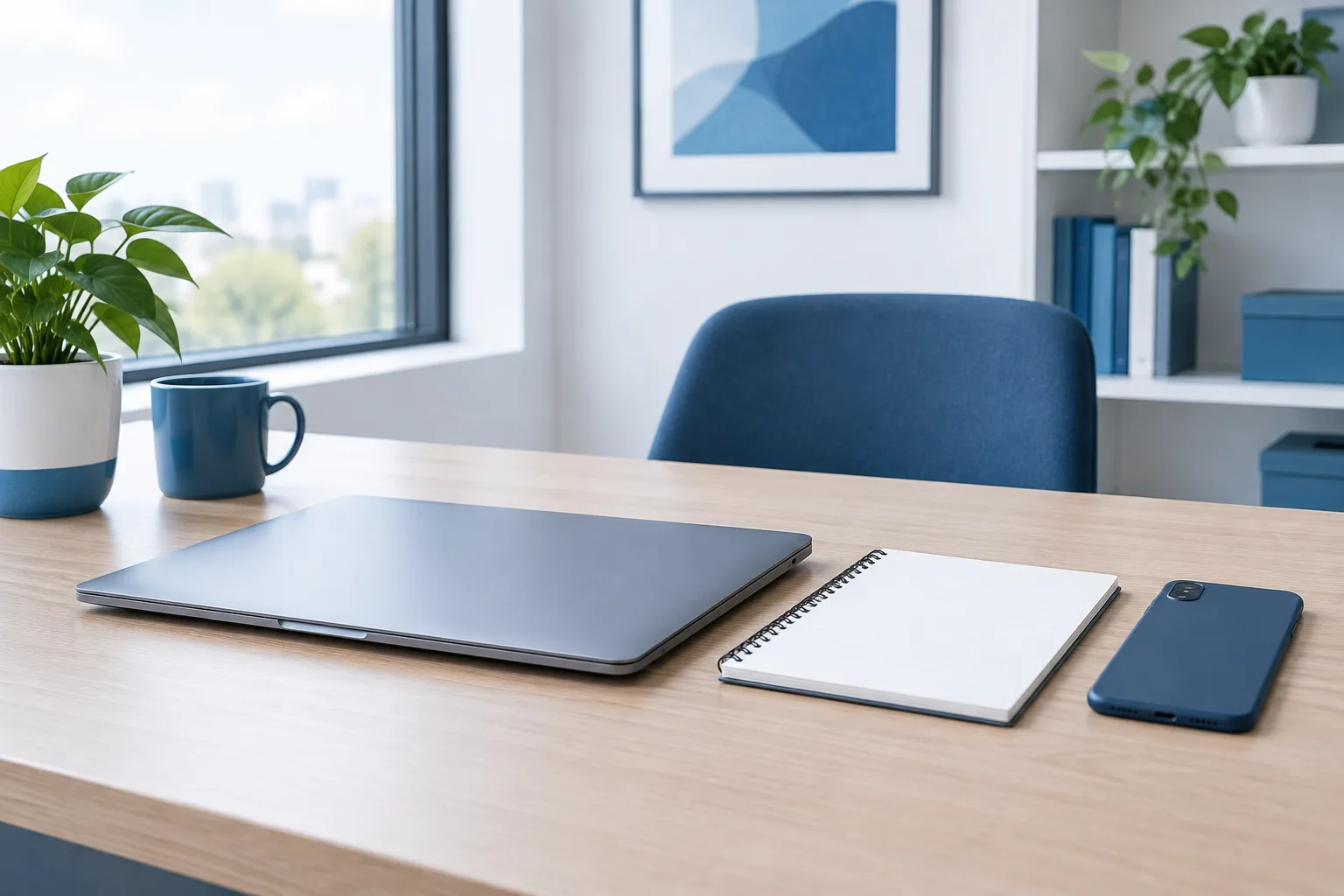 A laptop, blank notepad, and phone on a small-business office desk.